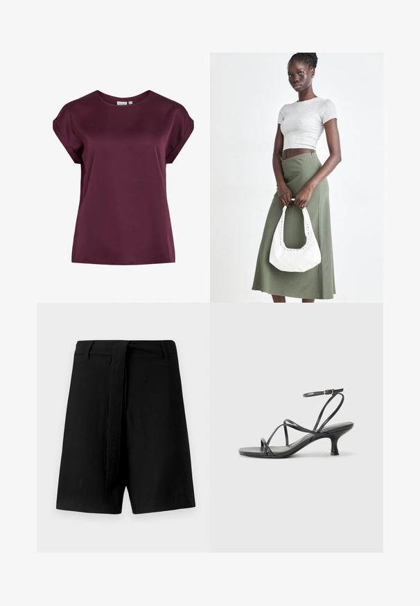 Burgundy short-sleeve top with a round neckline, made from smooth, lightweight fabric, featuring a loose fit and simple design.; Black linen shorts with a high waist, featuring a fabric tie belt and side pockets, smooth texture, and a loose-fitting design.; Black heeled sandals with thin straps, open toe design, and a small, flared heel. The material appears smooth and glossy.; Gray ribbed crop top and olive green high-waisted skirt. Model holds a white shoulder bag with cut-out detailing. Simple design, fitted silhouette.