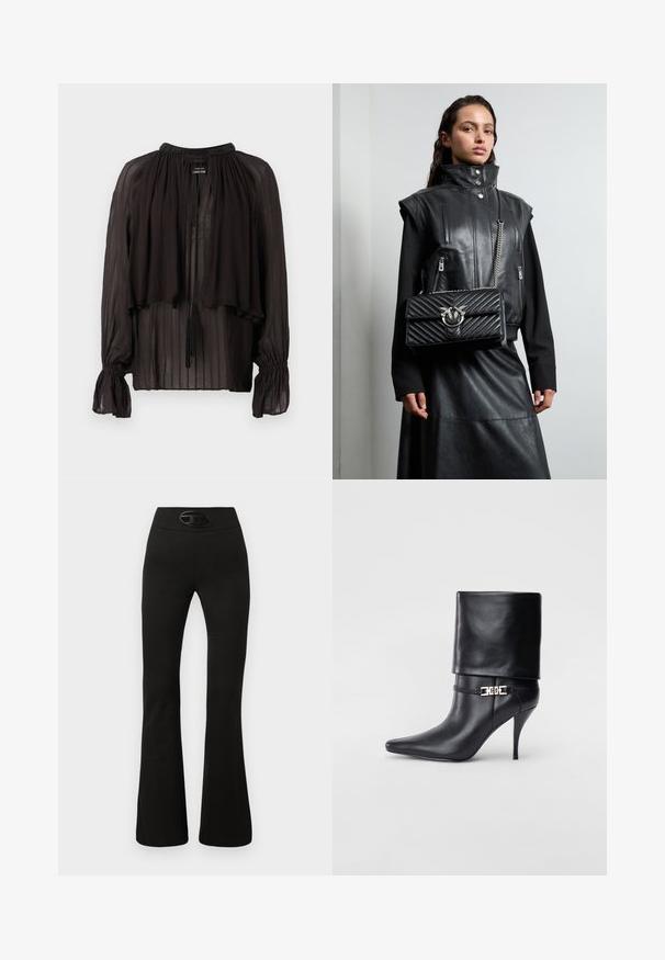 Μαύρη, διαφανής μπλούζα με ψηλή λαιμόκοψη, στρωμένο μπροστινό μέρος, ελαστικούς καρπούς και διακοσμητικές φούντες. Διαθέτει κάθετη ριγωτή υφή.; Μαύρο παντελόνι καμπάνα με λεία υφή και φαρδιά ζώνη μέσης που διαθέτει μια λαμπερή οβάλ λεπτομέρεια λογότυπου στο μπροστινό μέρος.; Μαύρη δερμάτινη μπότες έως τον αστράγαλο με μυτερή μύτη, ψηλό στιλέτο τακούνι, διπλωμένη πατούσα και χρυσή διακοσμητική αγκράφα στον αστράγαλο.; Μαύρο δερμάτινο γιλέκο με ψηλό γιακά, με τσέπες με φερμουάρ και μια μαύρη καπιτονέ τσάντα χειρός με ασημί μεταλλικά αξεσουάρ, φορεμένα με μια μακριά μαύρη φούστα.