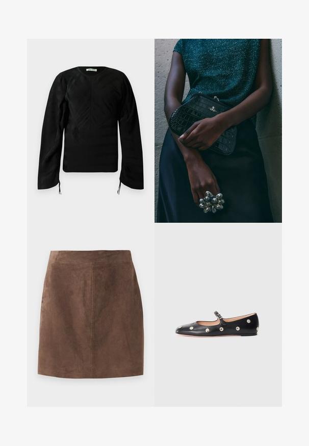 Top negro de manga larga con textura y sutiles patrones ondulados, cuello redondo, hombros ligeramente abullonados y pequeños lazos en los extremos de las mangas.; Falda de ante marrón con una textura suave, forma en A y cinturilla sencilla. Costuras decorativas que recorren verticalmente la parte trasera.; Zapato plano tipo Mary Jane de cuero negro con punta redonda, adornado con tachuelas circulares plateadas y una correa ajustable con hebilla.; Bolso de mano negro con estampado de cocodrilo y herrajes plateados, sostenido frente a un fondo gris texturizado. Presenta una superficie brillante.