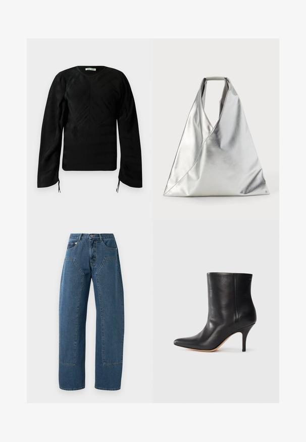 Top preto de mangas longas com textura e padrões ondulados subtis, com decote redondo, ombros levemente bufantes e pequenos laços nas extremidades das mangas.; Jeans de ganga azuis com pernas largas, grandes bolsos frontais, fecho com botão e passadores para cinto.; Botim de tornozelo em pele preta com biqueira pontiaguda, salto fino em stiletto e textura suave. Design minimalista sem hardware ou detalhes visíveis.; MM6 Maison Margiela CLASSIC JAPANESE HANDBAG - Mala de mão - silver-coloured