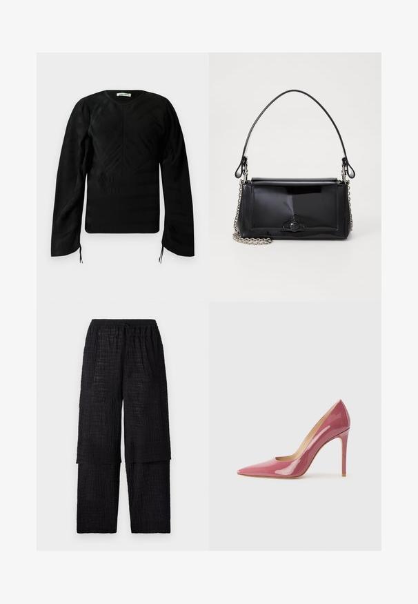 Čierny dlhý rukáv textúrovaný top s jemnými vlnitými vzormi, okrúhlym výstrihom, mierne pufovanými ramennými časťami a malými viazaniami na koncoch rukávov.; Henrik Vibskov SHANTS PANTS - Nohavice - black; Ružové lakované vysoké podpätky s špicatou špičkou a elegantným siluetou, s výrezom a ihlovým podpätkom.; Čierna laková kožená kabelka s obdĺžnikovým tvarom, reťazovým popruhom a výrazným hardvérovým prvkom v strede. Hladká textúra.