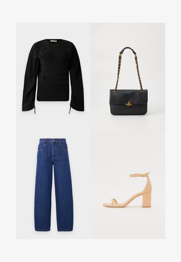 Black long-sleeve textured top with subtle wavy patterns, crew neckline, slightly puffed shoulders, and small ties at the sleeve ends.; Wide-leg blue denim jeans with a high waist, featuring front pockets and orange stitching. The fabric has a smooth texture with a classic finish.; Nude patent leather heeled sandals with a square toe, ankle strap, and a chunky block heel. Smooth texture and minimal design details.; Black leather handbag with a fold-over flap, gold-tone chain strap, and logo hardware detail on the front. Smooth texture.