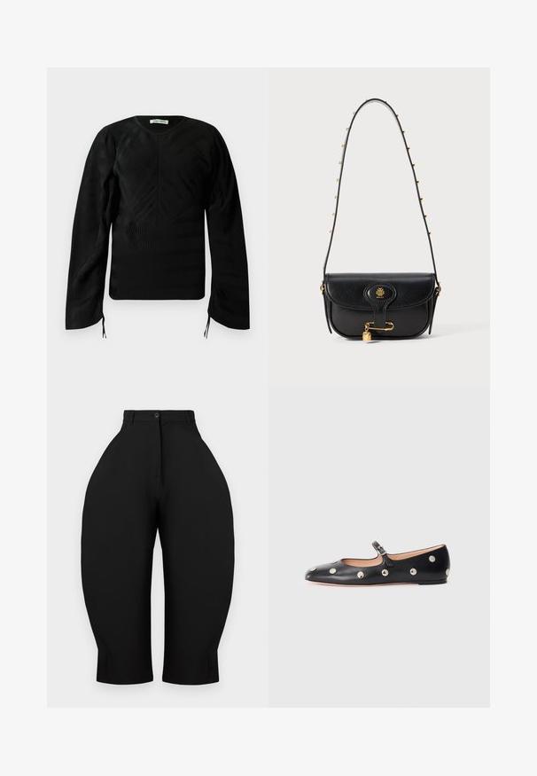 Czarna, długosleeve, teksturowana bluzka z delikatnymi falistymi wzorami, okrągłym dekoltem, lekko bufkami na ramionach i małymi wiązaniami na końcach rękawów.; Czarne spodnie o wysokim stanie z szerokimi, zwężającymi się nogawkami. Wykonane z gładkiego materiału, z zapięciem na guzik i bez widocznych kieszeni.; Czarne skórzane buty typu Mary Jane na płaskim obcasie z zaokrąglonym czubkiem, ozdobione srebrnymi okrągłymi ćwiekami oraz regulowanym paskiem z klamrą.; Czarna skórzana torebka o stukturalnym designie, z złotym logo, akcentem w postaci kłódki oraz ramieniem ozdobionym łańcuchem.