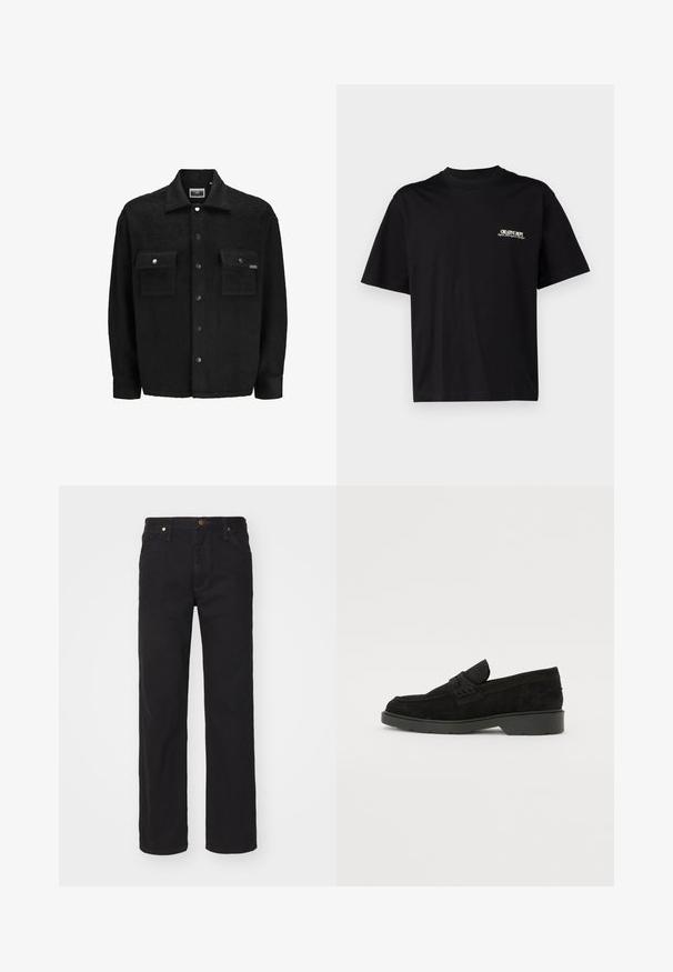 Juodas flokšinis švarkas su tekstūruotu paviršiumi, turintis dvi krūtines kišenes, snap mygtukų uždarymą ir klasikinį apykaklės dizainą.; Juodas medvilnės marškinėliai trumpomis rankovėmis, apvaliu kaklu ir baltu bei auksiniu tekstu ant kairiojo krūtinės šono, pasižymintys laisvu siluetu.; Juodi džinsai su tiesiomis kojelėmis, turintys mygtuką, penkias kišenes ir vario spalvos metalinius aksesuarus.; Juodos suedes loafers su žemu kulnu, su paprasta juosta viršuje ir tekstūruota apdaila šonuose.