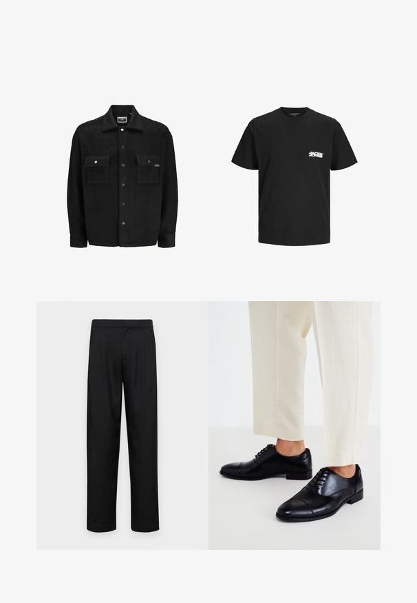 Must kollane fliiste jakker tekstuuriga pinnaga, millel on kaks rinna taskut, nööpidega kinnitused ja klassikaline kraedesain.; Musta puuvillane T-särk lühikeste varrukatega, ümmargune kaelus ja valge logo trükk vasakul rinnal. Sile tekstuur, klassikaline lõige.; Mustad mustadest riietest, millel on sirge jalgade disain, kaks eesmist voltimist ja tavaline vöökoht, millel on vöökohad.; Call it Spring CARLISLE - Elegantsed paeltega jalatsid - black