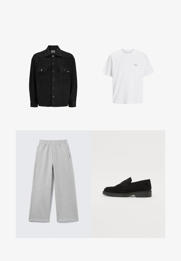 Sort fleecejakke med en struktureret overflade, der har to brystlommer, trykknaplukninger og et klassisk kravedesign.; Hvid bomulds T-shirt med korte ærmer, rund halsudskæring, prydet med et lille sort trykt logo "Originals" på venstre front.; Lysegrå bomulds joggingbukser med elastisk taljebånd, to sidelommer og bredt ben design. Blød tekstur og enkle syningsdetaljer.; Sorte ruskinds loafers med en lav hæl, der har et enkelt bånd over det øverste og teksturerede detaljer langs siderne.