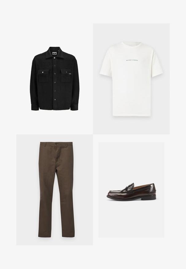 Must kollane fliiste jakker tekstuuriga pinnaga, millel on kaks rinna taskut, nööpidega kinnitused ja klassikaline kraedesain.; Valge puuvillane T-särk lühikeste varrukatega ja ümar kaelus. Keskel on tekst "TERE TULEMA PARADISSE" kaardus rohelises fondis.; Pruuni puuvillased püksid sirge säärega, nööpide sulgemise ja vöökonksudega, sileda tekstuuriga ilma mustrite või aktsentideta.; Pruunist nahast loafers'ite instruktsioon, millel on läikiv viimistlus, õmmeldud disain varvaste juures ja madal konts. Küljel on reljeefne brändi detail.