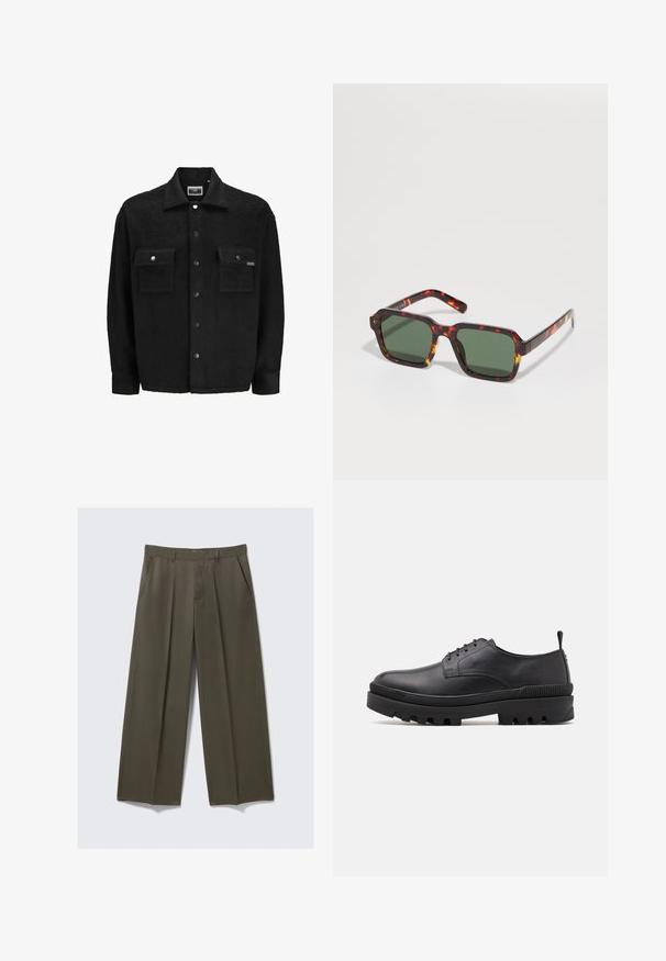 Crna flis jakna s teksturiranim završetkom, koja ima dva džepa na prsima, zatvaranje na dugmadi s klikom i klasičan dizajn ovratnika.; Crna kratka majica s kratkim rukavima i okruglim izrezom, opuštenog kroja, prikazana na bijeloj pozadini.; Hlače širokog kroja u maslinasto zelenoj boji, izrađene od glatkog materijala. Sadrže prednje džepove, ravni prednji dio i šivane nabore za strukturu.; Crne kožne cipele s zaobljenim vrhom, dizajna s vezicama i debelim gumiranim đonom. Imaju traku za povlačenje na peti i teksturirane detalje.; Suncane naočale u obliku kvadrata s uzorkom kornjače, sa zelenim staklima i kontrastnim narančastim akcentima duž ivica ručica.