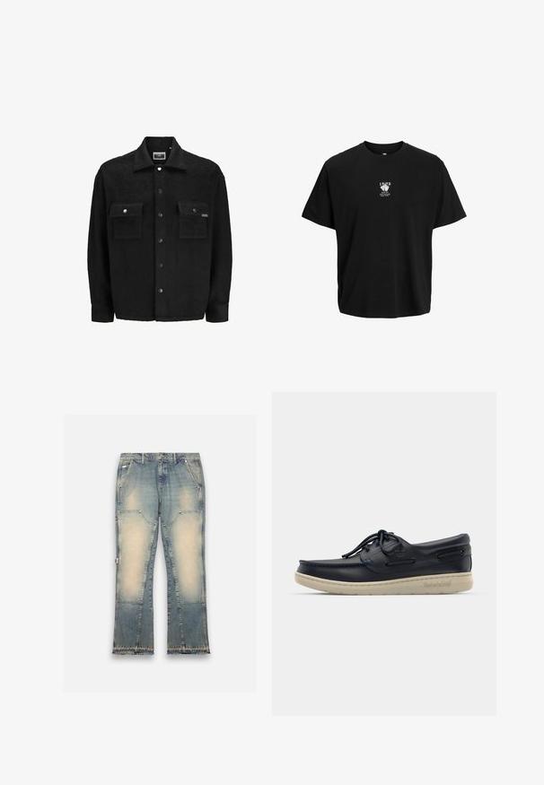 Sort fleecejakke med en struktureret overflade, der har to brystlommer, trykknaplukninger og et klassisk kravedesign.; Sort bomulds t-shirt med en afslappet pasform, der har et lille grafisk design i hvid tekst på brystet, som inkluderer året "1982."; Lyseblå denimjeans med et falmet design, brede ben, fem lommer og frynset nederkant. Har kontrasterende lapper for ekstra tekstur.; Navalblå lædersko til båd med lav profil, hvid gummisål, runde snørebånd og dekorativ sidebroderi; har metaløjer og logo.