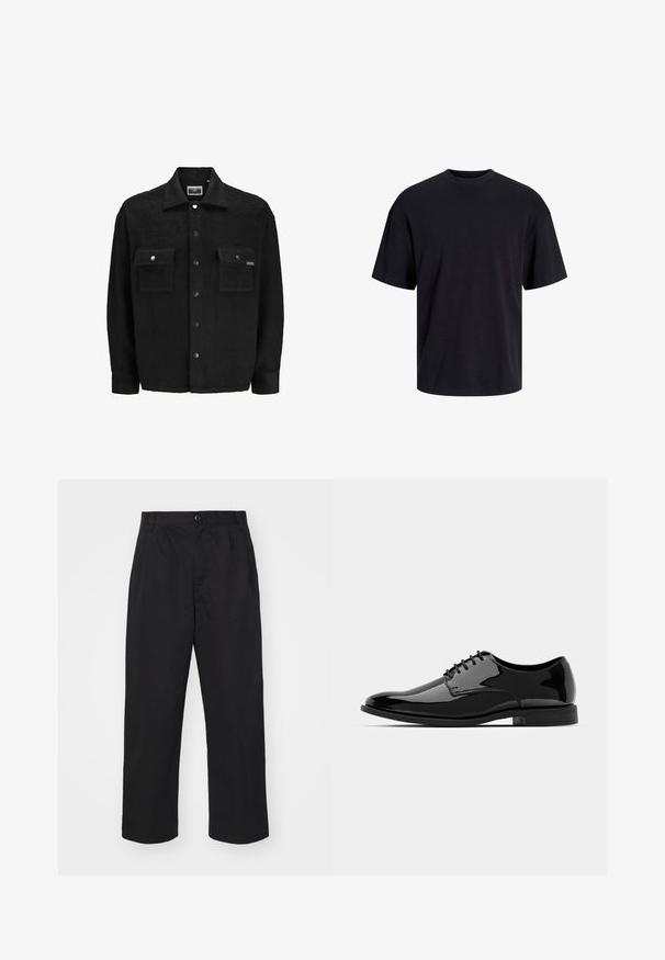 Sort fleecejakke med en struktureret overflade, der har to brystlommer, trykknaplukninger og et klassisk kravedesign.; Sort bomulds t-shirt med rund hals, korte ærmer og en afslappet pasform. Glat tekstur uden synlige mønstre eller accenter.; Sorte bomuldsbukser med lige pasform, der har en knaplukning, to frontlommer og en glat tekstur.; Sort lakeret dresssko med en afrundet tå, snørebåndsdesign og glat, skinnende overflade. Har en lavprofils gummisål.