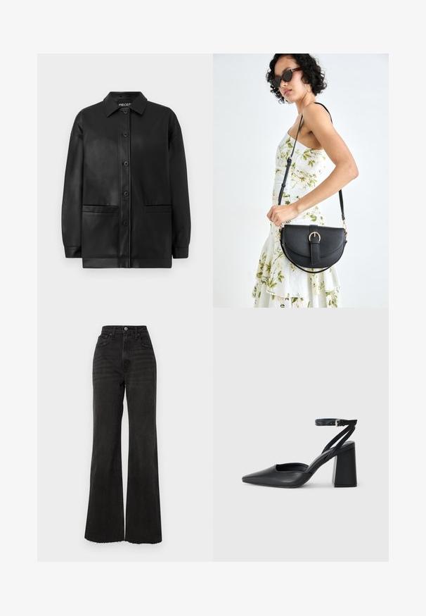 Veste en cuir synthétique noir avec un boutonnage sur le devant, un col, deux poches avant et une coupe décontractée. Texture lisse avec une finition mate.; Jean noir évasé taille haute en denim. Présente une fermeture à bouton à l'avant, cinq poches et un ourlet brut aux jambes.; Escarpin noir en cuir à bout pointu avec une bride de cheville et un talon épais. Texture lisse, design élégant et esthétique minimaliste.; Sac à main en cuir noir avec une forme courbée, bandoulière amovible et des accessoires en or. Le sac est doté d'un rabat avec un détail de boucle.