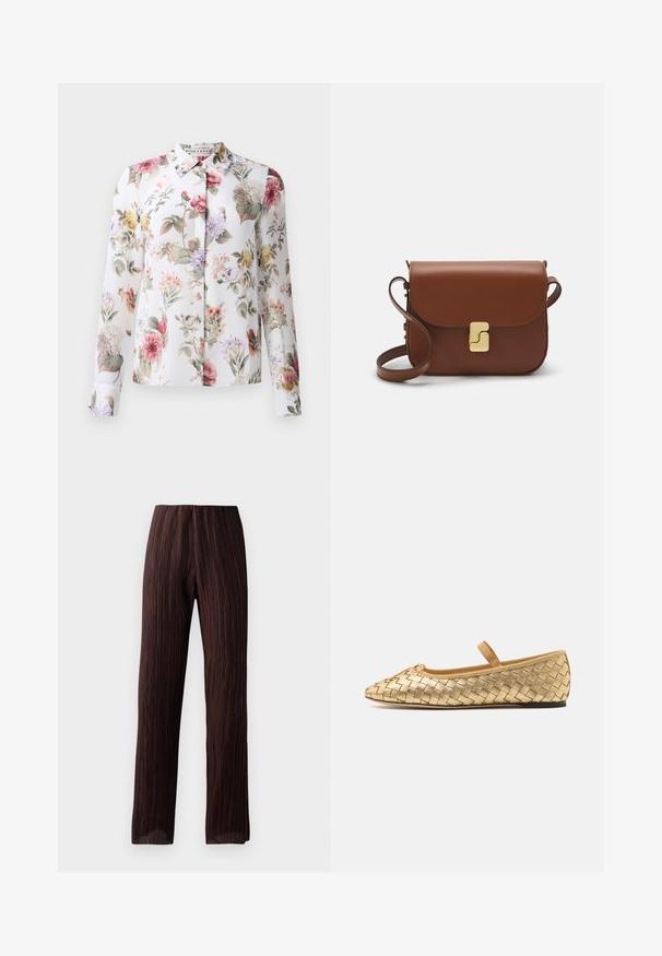 Blouse florale à manches longues, avec un devant à boutons et un fond blanc. Dotée de fleurs roses, violettes et jaunes sur un tissu léger.; Pantalons marron à large jambe avec une texture plissée, taille haute et design fluide. Fabriqués en tissu léger. Aucun fermoir visible.; Loeffler Randall LEONIE SOFT BALLET FLAT - Babies - gold; Sac à main en cuir marron avec une fermeture à rabat, des accents en métal doré, une bandoulière et une texture lisse. Forme rectangulaire compacte.