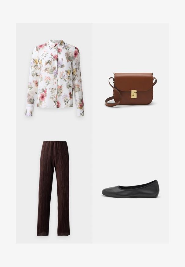Bluză florală cu mâneci lungi, cu deschidere cu nasturi în față și fundal alb. Prezintă flori roz, mov și galbene pe un material ușor.; Pantaloni largi de culoare maro, cu textură pliată, talie înaltă și un design fluid. Fabricati dintr-un material ușor. Fără închideri vizibile.; Balerini din piele neagră, cu vârf rotund, textură netedă, detalii de cusătură minimale și un design al tălpii flexibil.; Geantă de piele maro cu închidere tip capac, accesorii de culoare aurie, curea de umăr și o textură netedă. Formă compactă și rectangulară.