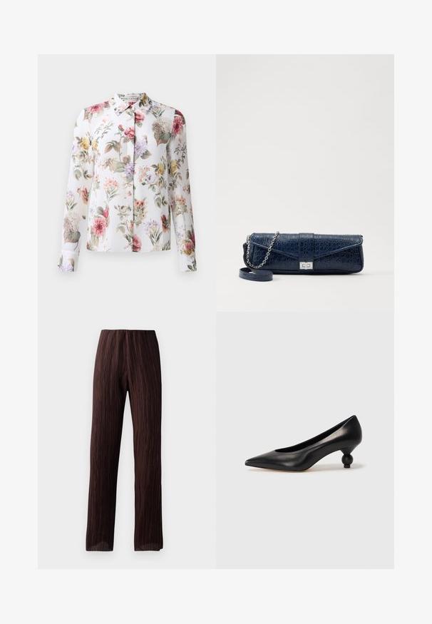 Blumenbluse mit langen Ärmeln, Knopfleiste und weißem Hintergrund. Verziert mit rosa, lila und gelben Blumen auf einem leichten Stoff.; Braune weite Hosen mit plissierter Textur, hoch tailliertem Bund und fließendem Design. Hergestellt aus leichtem Stoff. Keine sichtbaren Verschlüsse.; Schwarze Leder-Pumps mit spitzem Zehenbereich und runder, ballförmiger Ferse. Glatte Textur mit einem eleganten, minimalistischen Design.; Marineblaue Leder-Clutch mit Krokodilstruktur, silberner Kettenriemen und metallischem Verschluss. Rechteckige Form mit Umschlagdesign.