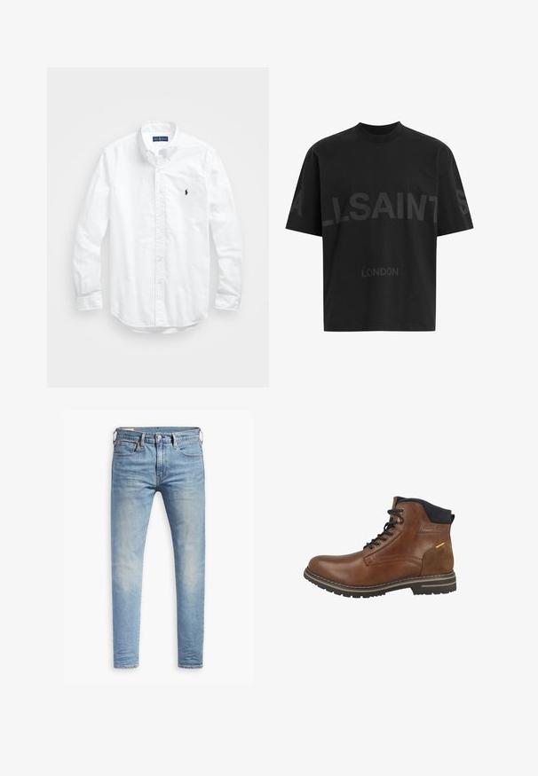 Camisa blanca de manga larga de algodón con botones. Presenta un cuello clásico, puños con botones y un pequeño logo bordado en azul marino en el pecho.; Camiseta negra de gran tamaño con el texto en gris oscuro "ALLSAINTS" en el pecho y "LONDON" en letras más pequeñas debajo.; Jeans ajustados de color azul claro con un ligero desgaste en los muslos, cierre frontal con botón, trabillas para cinturón y estilo de cinco bolsillos sobre un fondo blanco.; Botín de cuero marrón con un acento de ante, cuello de textil, cordones y suela de goma con un patrón de agarre.