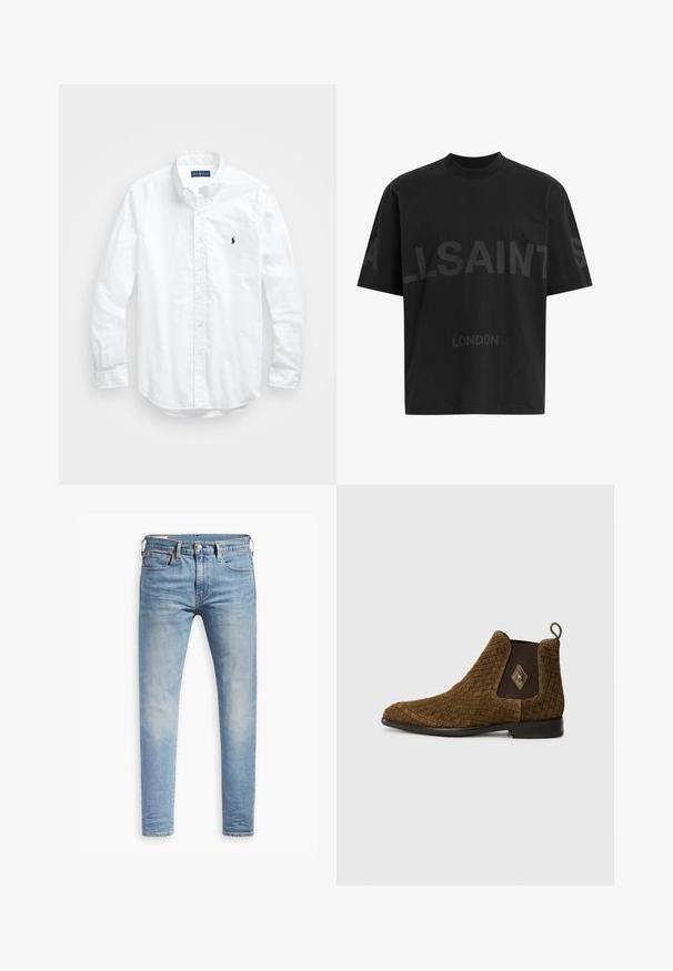 Valge pikkade varrukatega kotitõmblusega särk puuvillast. Omab klassikalist kraed, nööpidega mansette ja väikest tumesinist tikandit rinnal.; Musthave suuruses must T-särk tumedatest halli "ALLSAINTS" tekstiga rinnal ja väiksemate tähtedega all "LONDON".; Heledad hallidega helesinised kitsad teksad, millel on kerge kulumine reitel, ees nupuga sulgemine, vöölõngad ja viie taskuga stiil, valgel taustal.; Pruunist kootud pahkluu saapad, millel on terav nina, elastsed külgpanelid ja silmus taga. Omab teisel küljel teemantaktsenti.