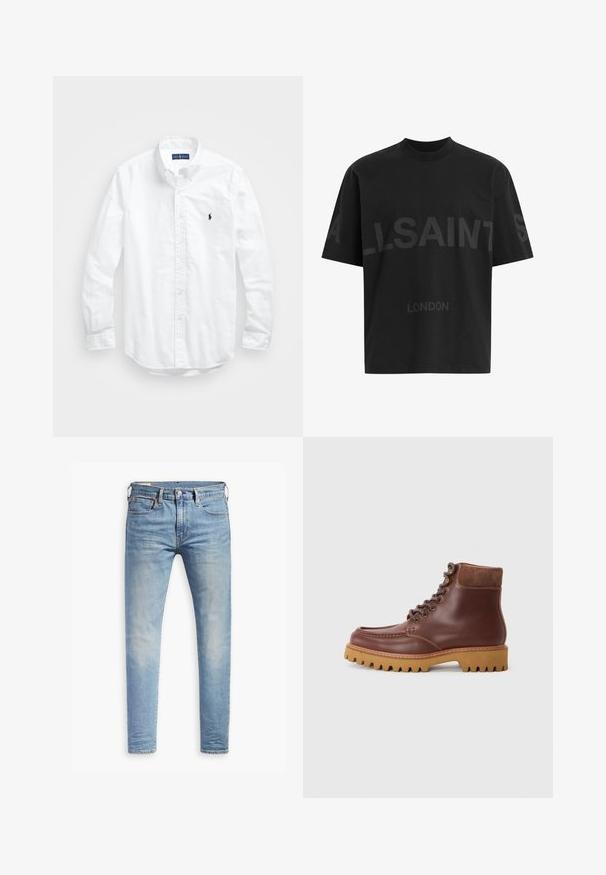 Camisa blanca de manga larga de algodón con botones. Presenta un cuello clásico, puños con botones y un pequeño logo bordado en azul marino en el pecho.; Camiseta negra de gran tamaño con el texto en gris oscuro "ALLSAINTS" en el pecho y "LONDON" en letras más pequeñas debajo.; Jeans ajustados de color azul claro con un ligero desgaste en los muslos, cierre frontal con botón, trabillas para cinturón y estilo de cinco bolsillos sobre un fondo blanco.; Botas tobilleras de cuero marrón con acentos de ante, puntera redonda y suela de goma texturizada. Presenta ojales de metal y cordones planos.