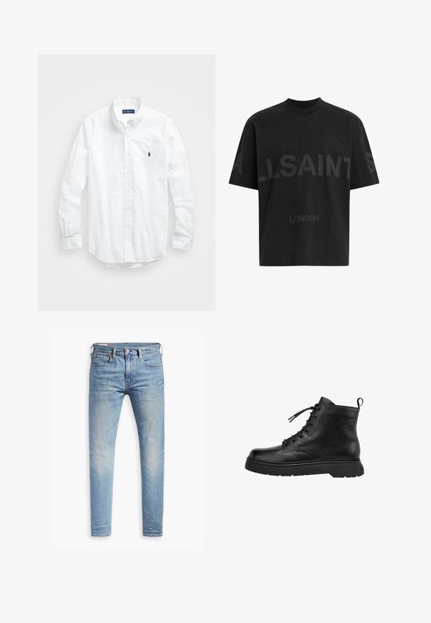 Camisa blanca de manga larga de algodón con botones. Presenta un cuello clásico, puños con botones y un pequeño logo bordado en azul marino en el pecho.; Camiseta negra de gran tamaño con el texto en gris oscuro "ALLSAINTS" en el pecho y "LONDON" en letras más pequeñas debajo.; Jeans ajustados de color azul claro con un ligero desgaste en los muslos, cierre frontal con botón, trabillas para cinturón y estilo de cinco bolsillos sobre un fondo blanco.; Bota de tobillo de cuero negro con un acabado suave, punta redonda y cordones en la parte delantera. Presenta una suela de goma gruesa y una lengüeta en la parte trasera.