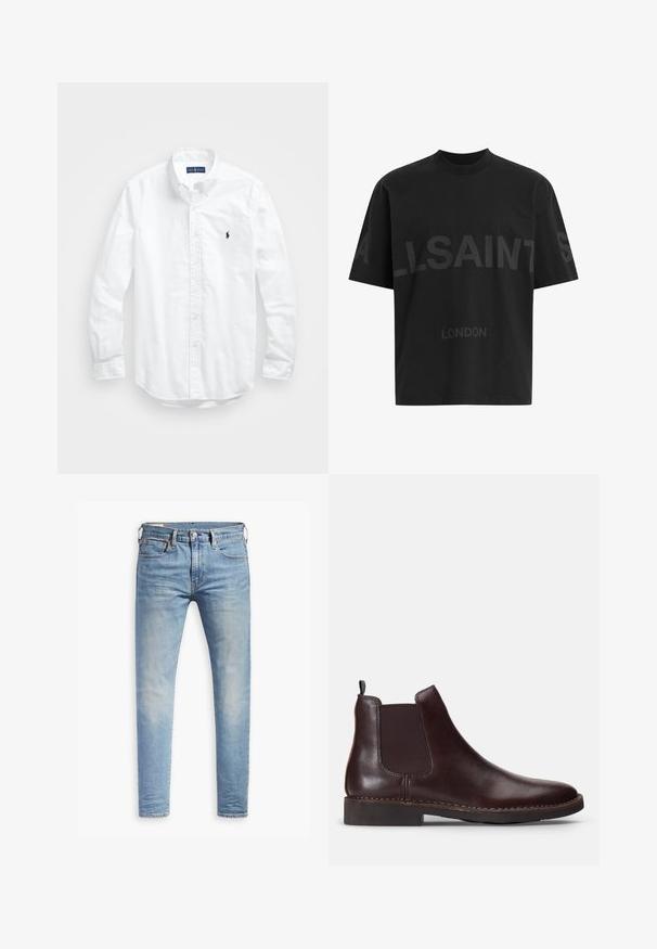 Vit långärmad skjorta i bomull med knappar. Har en klassisk krage, knappmanchetter och en liten broderad logotyp i marinblått på bröstet.; Svart oversized T-shirt med mörkgrå "ALLSAINTS"-text över bröstet och "LONDON" i mindre bokstäver nedanför.; Ljust blå smala jeans med lätt blekning på låren, framknäppning, bältesslingor och fem fickor på en vit bakgrund.; Bruna Chelsea-stövlar i läder med elastiska sidopaneler, rundad tå och låg klack. Detaljerad sömnad längs sulan.