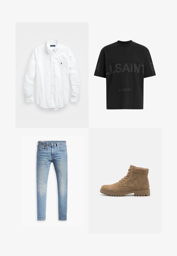 Balta ilga rankovė mygtukų marškiniai iš medvilnės. Pasižymi klasikinėmis apykaklėmis, mygtukų rankogaliais ir mažuoju tamsiai mėlynu siuviniu su logotipu ant krūtinės.; Juodas per didelis marškinėliai su tamsiai pilku „ALLSAINTS“ tekstu krūtinėje ir „LONDON“ mažesnėmis raidėmis žemiau.; Šviesiai mėlyni aptempti džinsai su lengvu nudėvėjimu šlaunyse, priekyje užsegami mygtuku, su diržo kilpelėmis ir penkių kišenių stiliumi ant baltos fono.; Tan zomšos suknelės batai su apvaliu pirštu, minkšta apykakle, šešiais aklių poromis ir storu gumuotu padu su griovelių detalėmis.