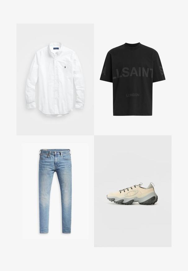 Camisa de botões de manga longa branca em algodão. Apresenta um colarinho clássico, punhos com botão e um pequeno logótipo bordado em azul-marinho no peito.; T-shirt oversized preta com texto em cinza escuro "ALLSAINTS" ao longo do peito e "LONDRES" em letras menores abaixo.; Jeans slim fit em azul claro com leve desbotamento nas coxas, fecho frontal por botão, passantes para cinto e estilo de cinco bolsos sobre um fundo branco.; Ténis atléticos bege com um upper em malha texturizada, sola de borracha cinza, design curvo proeminente e atacadores cinzentos. Apresenta um laço de puxar no calcanhar.