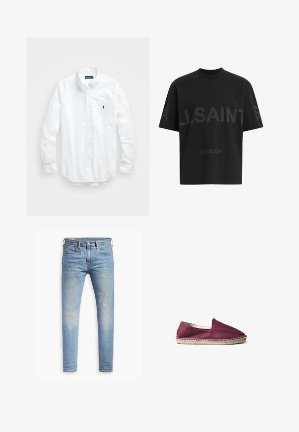 Balta ilga rankovė mygtukų marškiniai iš medvilnės. Pasižymi klasikinėmis apykaklėmis, mygtukų rankogaliais ir mažuoju tamsiai mėlynu siuviniu su logotipu ant krūtinės.; Juoda medvilninė marškinėliai laisvo kirpimo, priekyje didelis toninis užrašas "ALLSAINTS" ir tekstas "LONDON". Trumpomis rankovėmis, apvali apykaklė.; Šviesiai mėlyni aptempti džinsai su lengvu nudėvėjimu šlaunyse, priekyje užsegami mygtuku, su diržo kilpelėmis ir penkių kišenių stiliumi ant baltos fono.; Toni Pons MONTGRI - Įmautiniai batai - bordeaux