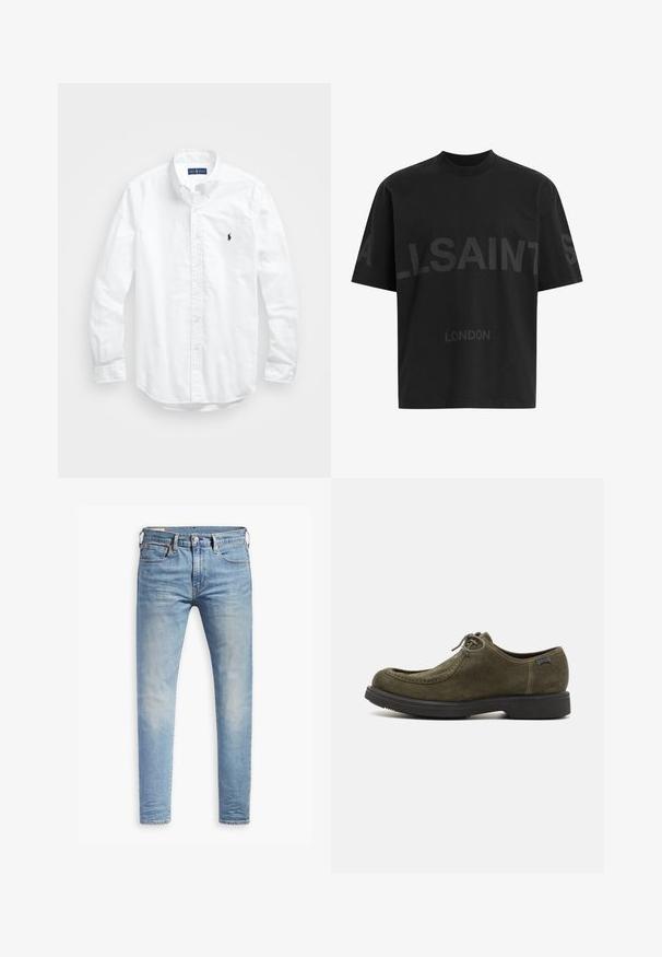 Bílá košile s dlouhým rukávem a knoflíkovým zapínáním vyrobená z bavlny. Má klasický límec, knoflíkové manžety a malé námořnické vyšívané logo na hrudi.; Černé bavlněné tričko s volnějším střihem, zdobené velkým tónovaným nápisem „ALLSAINTS“ a textem „LONDON“ na přední straně. Krátké rukávy, kulatý výstřih.; Světle modré slim-fit džíny s mírným vyblednutím na stehnech, zapínání na knoflík vpředu, poutka na opasek a pět kapes na bílém pozadí.; Tmavě zelené semišové boty s hladkým povrchem, zaoblenou špičkou, šitými detaily a černou gumovou podrážkou.