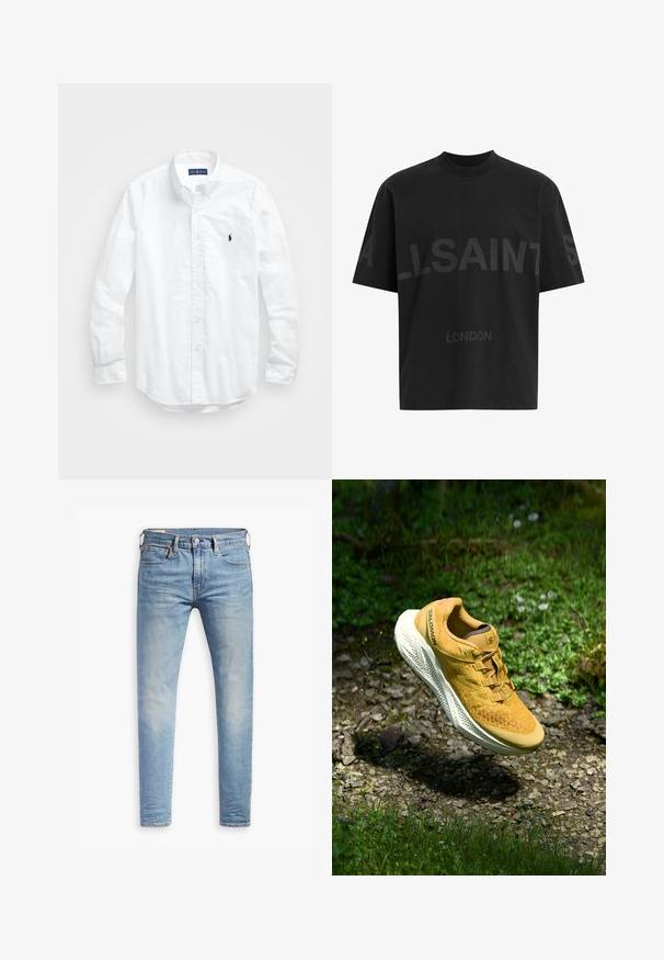 Bela dolg rokav srajca s gumbi iz bombaža. Ima klasičen ovratnik, gumbnice na zapestjih in majhen temno moder vezen logotip na prsih.; Črna oversize majica s短kimi rokavi z temno sivo napisano besedo "ALLSAINTS" čez prsi in "LONDON" v manjših črkah spodaj.; Svetlo modri oprijeti džins s blagim bledenjem na stegnenicah, sprednji gumbasti zapenjač, zanke za pas in pet žepov na belem ozadju.; Rumene tekaške čevlje Salomon lebdijo nad kamenito stezo, obkroženi z zeleno travo in malimi divjimi cvetlicami v naravni svetlobi.