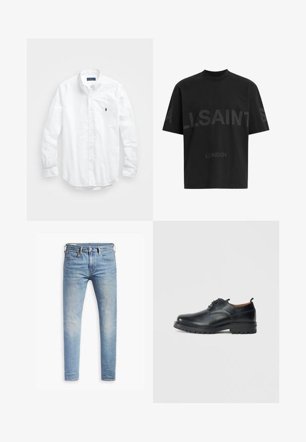 Fehér, hosszú ujjú, gombos férfiing pamutból. Klasszikus gallérral, gombos mandzsettával és egy kis sötétkék hímzett logóval a mellrészen.; Fekete, túlméretes póló sötétszürke "ALLSAINTS" felirattal a mellkason, alatta kisebb betűkkel "LONDON" felirattal.; Világoskék, slim fit farmernadrág enyhe kopással a combokon, elöl gombos záródással, övbujtatókkal és öt zsebbel, fehér háttérrel.; Fekete bőr derby cipők sima textúrával, kerek orral, fűzős kialakítással, vastag, strapabíró gumitalppal.