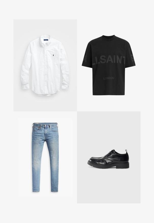 Biała, bawełniana koszula z długim rękawem zapinana na guziki. Posiada klasyczny kołnierzyk, mankiety zapinane na guziki oraz małe, granatowe, haftowane logo na klatce piersiowej.; Czarna, oversize koszulka z ciemnoszarym napisem "ALLSAINTS" na piersi oraz słowem "LONDON" mniejszymi literami poniżej.; Jasnoniebieskie, dopasowane dżinsy z lekkim przetarciem na udach, z zapięciem na guziki z przodu, pętelkami na pasek oraz pięcioma kieszeniami, na białym tle.; Czarne skórzane buty na elegancką okazję z okrągłym noskiem, sznurówką z przodu i ozdobnym szwem. Posiadają grubą, teksturowaną gumową podeszwę oraz pętelkę na pięcie.