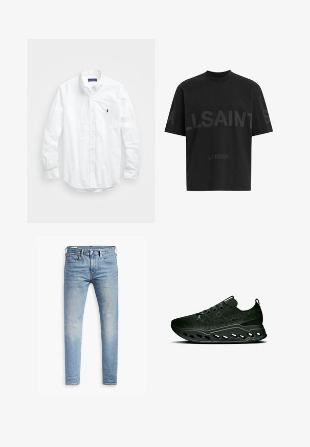 Cămașă albă cu mânecă lungă și nasturi din bumbac. Are un guler clasic, manșete cu nasturi și un mic logo brodat în navy pe piept.; Cămășă oversized neagră cu text de culoare gri închis "ALLSAINTS" pe piept și "LONDON" în litere mai mici dedesubt.; Levi's® 512® SLIM TAPER - Blugi slim fit - pelican rust; On CLOUDSURFER MAX - Pantofi de alergare pe asfalt - black   eclipse