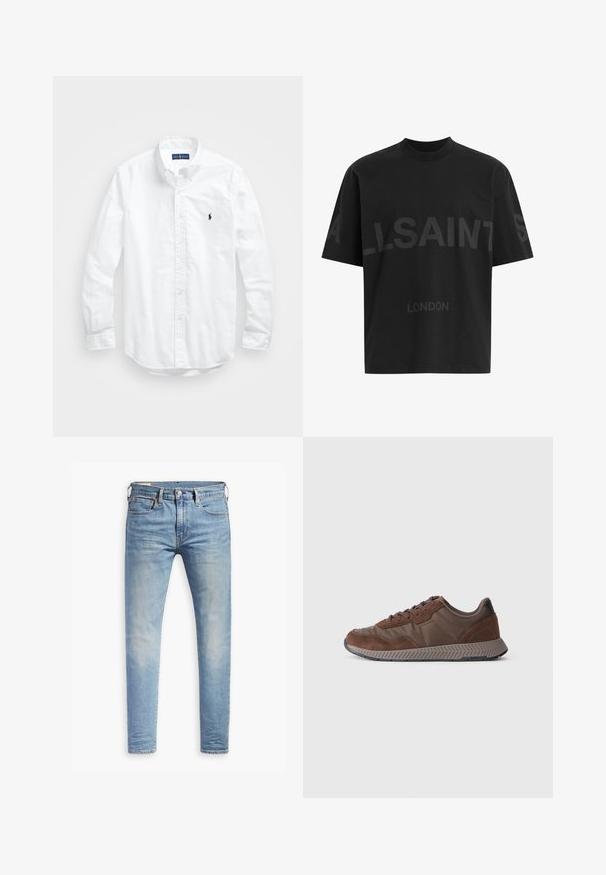 Hvit langermet skjorte i bomull med knapper. Har en klassisk krage, knappe mansjetter og en liten marineblå brodert logo på brystet.; Svart oversized T-skjorte med mørkegrå "ALLSAINTS" tekst over brystet og "LONDON" i mindre bokstaver under.; Lyseblå slim-fit jeans med svak falming på lårene, frontknappelukking, beltehemper, og fem-lomme design på hvit bakgrunn.; Brune joggesko med en blanding av glatte og semskede materialer, rund tå, teksturert gummisåle og kontrasterende svart hælakkent.