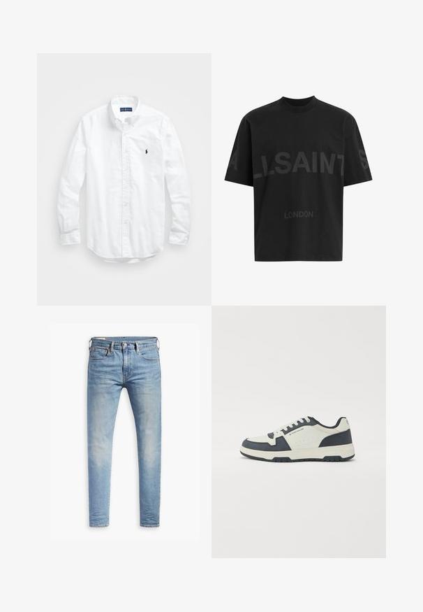 Valkoinen pitkähihaisessa napitetussa paidassa, joka on valmistettu puuvillasta. Siinä on klassinen kaulus, napilliset hihansuut ja pieni tummansininen brodeerattu logo rinnassa.; Mustat ylisuuret T-paidat, joissa on tummanharmaa "ALLSAINTS" -teksti rinnassa ja "LONDON" pienemmillä kirjaimilla alapuolella.; Vaaleansiniset slim fit -farkut, joissa on hieman haalistumista reiden kohdalla, edessä nappisuljenta, vyölenkit ja viisi taskua valkoista taustaa vasten.; Tummansininen ja vaaleanharmaa lenkkitossu, jossa on mokkanahasta ja nahasta valmistettu yläosa, pehmustettu kieli ja nauhakiristys. Kumipohja, jossa on pidon kuvio.