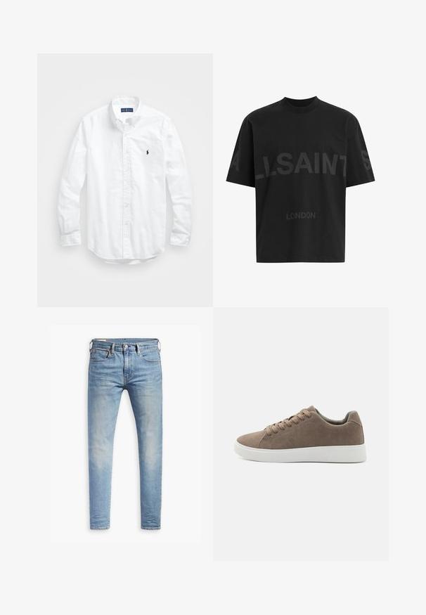 Camisa de botões de manga longa branca em algodão. Apresenta um colarinho clássico, punhos com botão e um pequeno logótipo bordado em azul-marinho no peito.; T-shirt oversized preta com texto em cinza escuro "ALLSAINTS" ao longo do peito e "LONDRES" em letras menores abaixo.; Jeans slim fit em azul claro com leve desbotamento nas coxas, fecho frontal por botão, passantes para cinto e estilo de cinco bolsos sobre um fundo branco.; Sapatilhas de camurça castanha com solas de borracha branca plana, design de atacadores, biqueira redonda e textura suave. Estilo minimalista com detalhes de costura sutis.