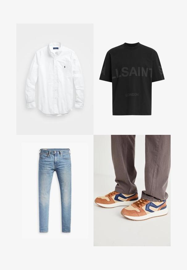 Fehér, hosszú ujjú, gombos férfiing pamutból. Klasszikus gallérral, gombos mandzsettával és egy kis sötétkék hímzett logóval a mellrészen.; Fekete, túlméretes póló sötétszürke "ALLSAINTS" felirattal a mellkason, alatta kisebb betűkkel "LONDON" felirattal.; Világoskék, slim fit farmernadrág enyhe kopással a combokon, elöl gombos záródással, övbujtatókkal és öt zsebbel, fehér háttérrel.; Barna nubuk és krémszínű szintetikus anyag keverékéből készült sportcipő, kék akcentussal és texturált talppal; barna cipőfűzőkkel; szürke csíkozott nadrággal viselve.