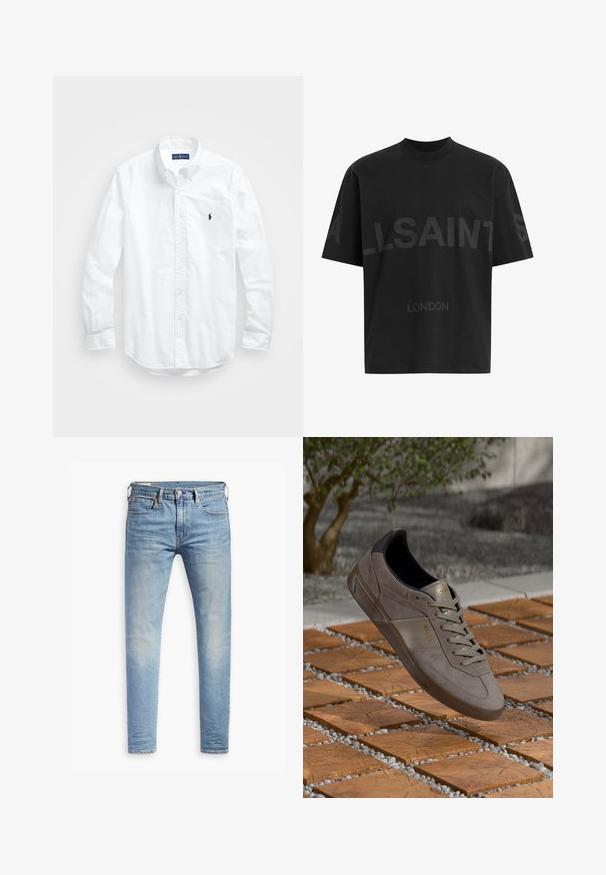 Fehér, hosszú ujjú, gombos férfiing pamutból. Klasszikus gallérral, gombos mandzsettával és egy kis sötétkék hímzett logóval a mellrészen.; Fekete, túlméretes póló sötétszürke "ALLSAINTS" felirattal a mellkason, alatta kisebb betűkkel "LONDON" felirattal.; Világoskék, slim fit farmernadrág enyhe kopással a combokon, elöl gombos záródással, övbujtatókkal és öt zsebbel, fehér háttérrel.; Szürke velúr sportcipő fekete részletekkel, textúrált felülettel, fűzős elülső résszel és arany színű logóval az oldalon.
