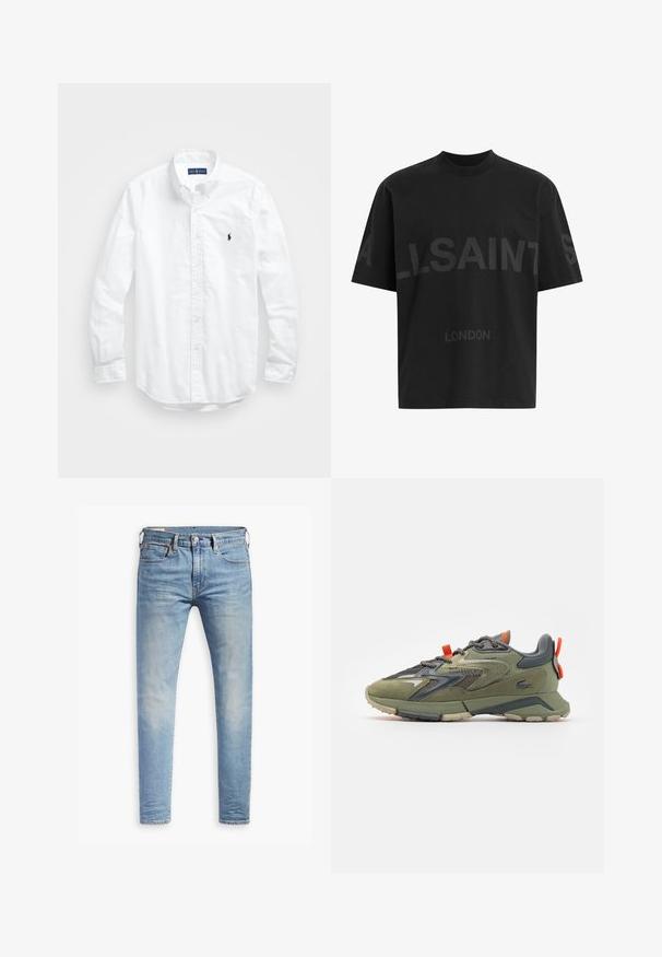 Bílá košile s dlouhým rukávem a knoflíkovým zapínáním vyrobená z bavlny. Má klasický límec, knoflíkové manžety a malé námořnické vyšívané logo na hrudi.; Černé bavlněné tričko s volnějším střihem, zdobené velkým tónovaným nápisem „ALLSAINTS“ a textem „LONDON“ na přední straně. Krátké rukávy, kulatý výstřih.; Světle modré slim-fit džíny s mírným vyblednutím na stehnech, zapínání na knoflík vpředu, poutka na opasek a pět kapes na bílém pozadí.; Zelené a šedé tenisky s texturovaným svrškem, polstrovaným límcem, reflexními akcenty a gumovou podrážkou, s výrazným designem a kontrastními tkaničkami.