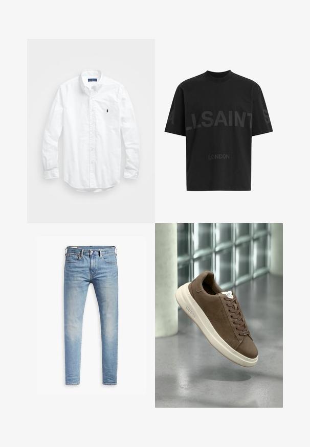 White long-sleeve button-up shirt in cotton. Features a classic collar, button cuffs, and a small navy embroidered logo on the chest.; Black oversized T-shirt with dark grey "ALLSAINTS" text across chest and "LONDON" in smaller letters below.; Light blue slim-fit jeans with slight fading on thighs, front button closure, belt loops, and five-pocket styling on a white background.; Brown suede sneaker with a cream rubber sole, flat laces, and a logo on the side. Lightweight design and smooth texture.