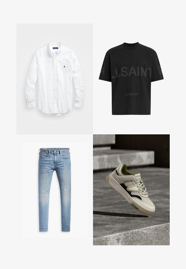 White long-sleeve button-up shirt in cotton. Features a classic collar, button cuffs, and a small navy embroidered logo on the chest.; Black oversized T-shirt with dark grey "ALLSAINTS" text across chest and "LONDON" in smaller letters below.; Light blue slim-fit jeans with slight fading on thighs, front button closure, belt loops, and five-pocket styling on a white background.; Cream leather sneaker with dark green accents, textured panels, black side stripe, and a robust rubber sole, elevated above a concrete surface.
