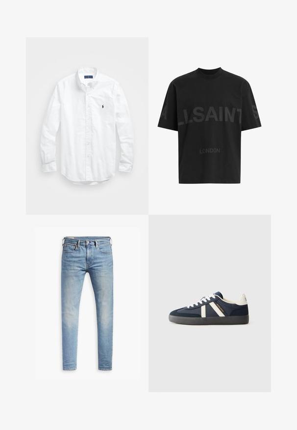 White long-sleeve button-up shirt in cotton. Features a classic collar, button cuffs, and a small navy embroidered logo on the chest.; Black oversized T-shirt with dark grey "ALLSAINTS" text across chest and "LONDON" in smaller letters below.; Light blue slim-fit jeans with slight fading on thighs, front button closure, belt loops, and five-pocket styling on a white background.; Navy blue sneaker with white laces, two white stripes on the side, black sole, and "JACK & JONES" branding in gold and black.
