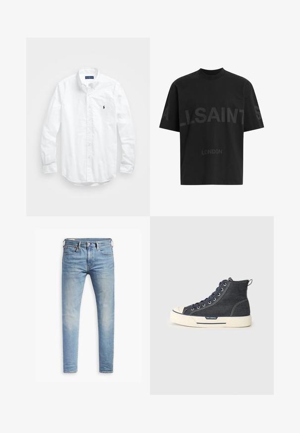 Camisa de botões de manga longa branca em algodão. Apresenta um colarinho clássico, punhos com botão e um pequeno logótipo bordado em azul-marinho no peito.; T-shirt oversized preta com texto em cinza escuro "ALLSAINTS" ao longo do peito e "LONDRES" em letras menores abaixo.; Jeans slim fit em azul claro com leve desbotamento nas coxas, fecho frontal por botão, passantes para cinto e estilo de cinco bolsos sobre um fundo branco.; Sapatilhas de cano alto feitas de denim escuro com uma sola de borracha creme, apresentando atacadores azul-marinho e uma alça na parte de trás. Logótipo na lateral.