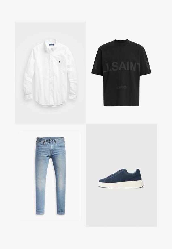 Balta garām piedurknēm pogājamā krekla izgatavots no kokvilnas. Iezīmē klasisku apkakli, poga aproces un mazu tumši zilu izšūtu logo uz krūšu.; Melna pārstrādāta T-kreklā ar tumši pelēku "ALLSAINTS" tekstu pār krūtīm un "LONDON" mazākā izmērā zem tā.; Gaiši zili pieguļoši džinsi ar nelielu izbalēšanu uz gurniem, ar pogu aizdari priekšā, jostas cilpām un piecu kabatu stilu uz baltā fona.; Jūras spēku zila zamšādas apavi ar baltu gumijas zoli, piecu acs caurumiem, teksturētu oderi un minimālistisku dizainu ar smalkām šuvju detaļām.