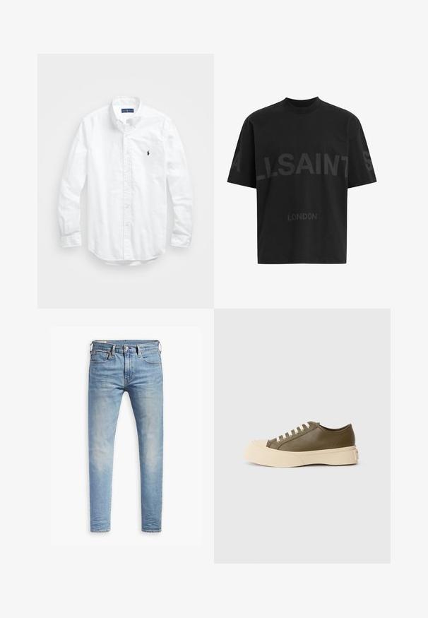 Weißes Langarm-Hemd aus Baumwolle mit Knopfleiste. Es zeichnet sich durch einen klassischen Kragen, Knopfmanschetten und ein kleines, navyblaues gesticktes Logo auf der Brust aus.; Schwarzes, übergroßes T-Shirt mit dunkelgrauem "ALLSAINTS"-Schriftzug über der Brust und "LONDON" in kleineren Buchstaben darunter.; Hellblaue Slim-Fit-Jeans mit leichtem Verblassen an den Oberschenkeln, vorderem Knopfverschluss, Gürtelschlaufen und Fünf-Taschen-Stil auf einem weißen Hintergrund.; Olivgrüner Low-Top-Sneaker mit einer dicken cremefarbenen Sohle und weißen Schnürsenkeln, auf einem schlichten weißen Hintergrund präsentiert.