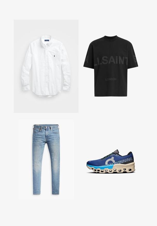 Weißes Langarm-Hemd aus Baumwolle mit Knopfleiste. Es zeichnet sich durch einen klassischen Kragen, Knopfmanschetten und ein kleines, navyblaues gesticktes Logo auf der Brust aus.; Schwarzes, übergroßes T-Shirt mit dunkelgrauem "ALLSAINTS"-Schriftzug über der Brust und "LONDON" in kleineren Buchstaben darunter.; Helle blaue Denim-Jeans im Slim-Fit-Schnitt, mit Fünf-Taschen-Design und dezenten Ausbleichungen. Verfügt über einen Knopfverschluss und einen gestickten Saum.; Laufschuh mit einem blauen Mesh-Obermaterial, schwarzen Akzenten, großem Logo und einer auffälligen cremefarbenen Sohle mit sechseckigen Ausschnitten.