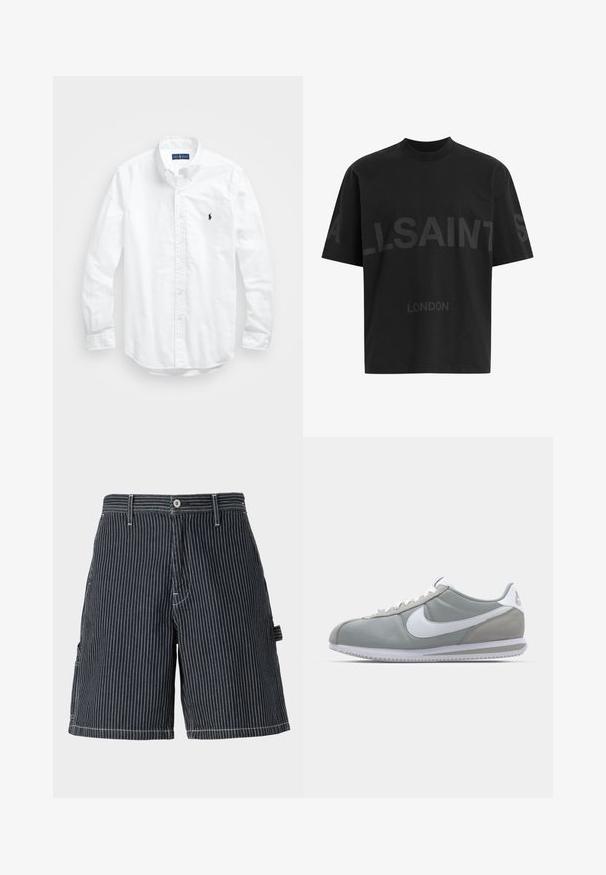 Biała, bawełniana koszula z długim rękawem zapinana na guziki. Posiada klasyczny kołnierzyk, mankiety zapinane na guziki oraz małe, granatowe, haftowane logo na klatce piersiowej.; Czarny bawełniany t-shirt o luźnym kroju, z dużym tonalnym napisem "ALLSAINTS" i tekstem "LONDON" na przodzie. Krótkie rękawy, okrągły dekolt.; Szorty w granatowo-białe paski z bawełny o luźnym kroju, z bocznymi kieszeniami, szlufkami na pasek oraz kontrastowym białym stębnowaniem.; Szare buty sportowe z cholewką z zamszu i tekstyliów, białym logo Nike i białymi sznurówkami. Posiadają teksturowaną gumową podeszwę i wyściełany kołnierz.