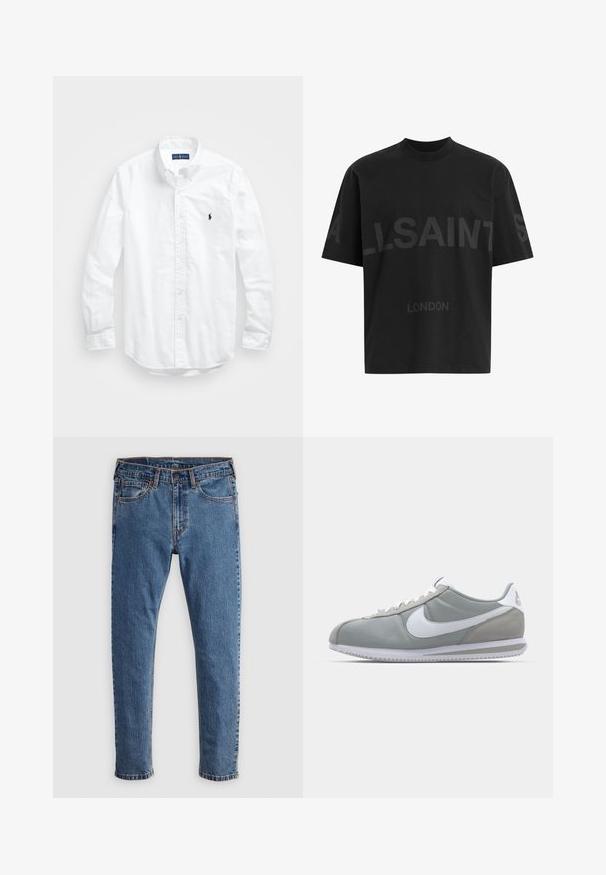 Camisa de botões de manga longa branca em algodão. Apresenta um colarinho clássico, punhos com botão e um pequeno logótipo bordado em azul-marinho no peito.; T-shirt oversized preta com texto em cinza escuro "ALLSAINTS" ao longo do peito e "LONDRES" em letras menores abaixo.; Jeans de denim azul com corte reto, cinco bolsos, costura laranja e um fecho clássico de botão e zíper. Textura desgastada ao longo das pernas.; Sapatilha atlética cinza com um cabedal em camurça e têxtil, símbolo Nike branco e atacadores brancos. Apresenta uma sola de borracha texturizada e colarinho acolchoado.