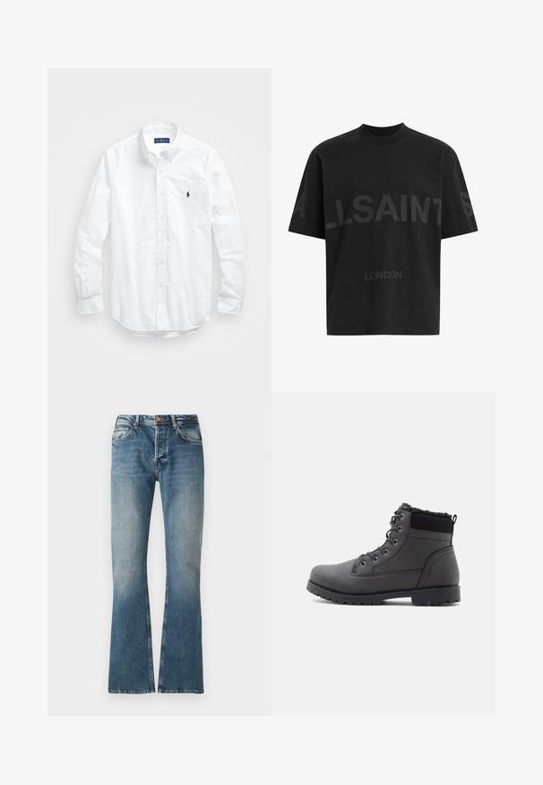 Bílá košile s dlouhým rukávem a knoflíkovým zapínáním vyrobená z bavlny. Má klasický límec, knoflíkové manžety a malé námořnické vyšívané logo na hrudi.; Černé oversized tričko s tmavě šedým nápisem "ALLSAINTS" na hrudi a menším textem "LONDON" pod ním.; Modré džíny z denimu s vybledlým efektem, rovný střih nohavic, zapínání na knoflík a zip a pětivreckový design.; Černé kotníkové boty vyrobené z hladkého syntetického materiálu, s texturovaným vrškem, šněrovacím designem a odolnou gumovou podrážkou.