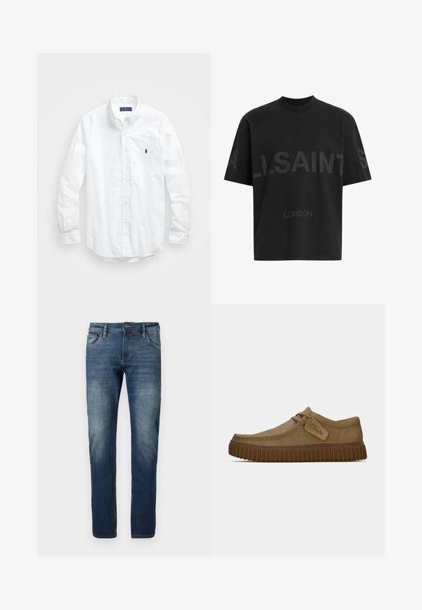 Λευκό πουκάμισο μακριά μανίκια με κουμπιά από βαμβάκι. Διαθέτει κλασικό γιακά, κουμπιά στα μανίκια και μικρό ναυτικό κεντημένο λογότυπο στο στήθος.; Μαύρο oversized T-shirt με σκούρο γκρι κείμενο «ALLSAINTS» στο στήθος και «LONDON» σε μικρότερα γράμματα από κάτω.; Μπλε τζιν παντελόνι με ίσια γραμμή, ξεθωριασμένο μπροστινό μέρος, αντίθετη ραφή, πέντε τσέπες και κλείσιμο με κουμπί.; Ανοιχτό καφέ σουέτ παπούτσια με στρογγυλή μύτη, ραφές και λάστιχο καφέ με ραβδώσεις. Διαθέτει ετικέτα στο πλάι με το λογότυπο "Clarks".