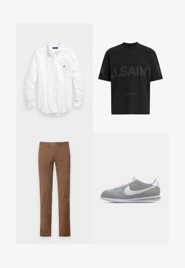 Biała, bawełniana koszula z długim rękawem zapinana na guziki. Posiada klasyczny kołnierzyk, mankiety zapinane na guziki oraz małe, granatowe, haftowane logo na klatce piersiowej.; Czarna, oversize koszulka z ciemnoszarym napisem "ALLSAINTS" na piersi oraz słowem "LONDON" mniejszymi literami poniżej.; Brązowe spodnie z bawełnianego twillu o prostych nogawkach, zapinane na guzik, z delikatnym połyskiem; brak widocznych wzorów i detali sprzętowych.; Szare buty sportowe z cholewką z zamszu i tekstyliów, białym logo Nike i białymi sznurówkami. Posiadają teksturowaną gumową podeszwę i wyściełany kołnierz.