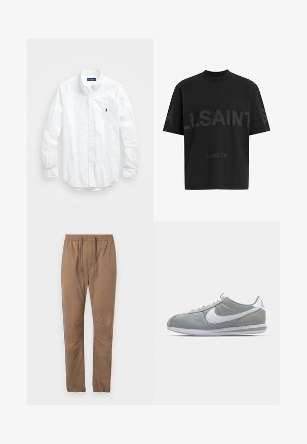 Balta garām piedurknēm pogājamā krekla izgatavots no kokvilnas. Iezīmē klasisku apkakli, poga aproces un mazu tumši zilu izšūtu logo uz krūšu.; Melna pārstrādāta T-kreklā ar tumši pelēku "ALLSAINTS" tekstu pār krūtīm un "LONDON" mazākā izmērā zem tā.; Brūni kokvilnas maisījuma bikses ar elastīgu jostu, regulējamu auklu un sašaurinātiem kabatas galiem. Gluda tekstūra, bez redzamām rakstu vai apģērba detaļām.; Pelēkie sporta apavi ar zamša un tekstila augšu, balto Nike logotipu un baltiem šņorēm. Iezīmējas ar strukturētu gumijas zoli un mīkstu apkaklīti.